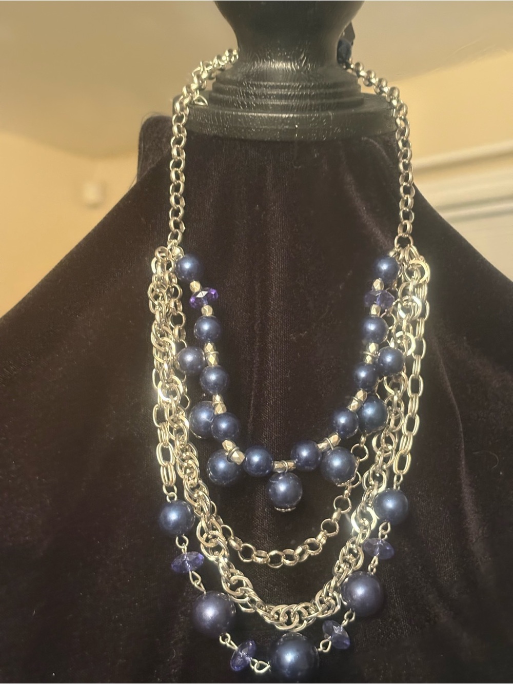 Multi-Strand Navy Pearl & Silver Chain Necklace -